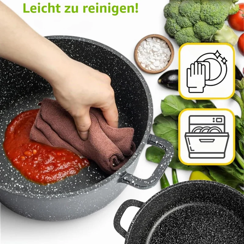 EliteHoff Kochtopf Set Induktion, Topf aus Aluminiumguss mit Antihaftbeschichtung, Topfset mit Glasd