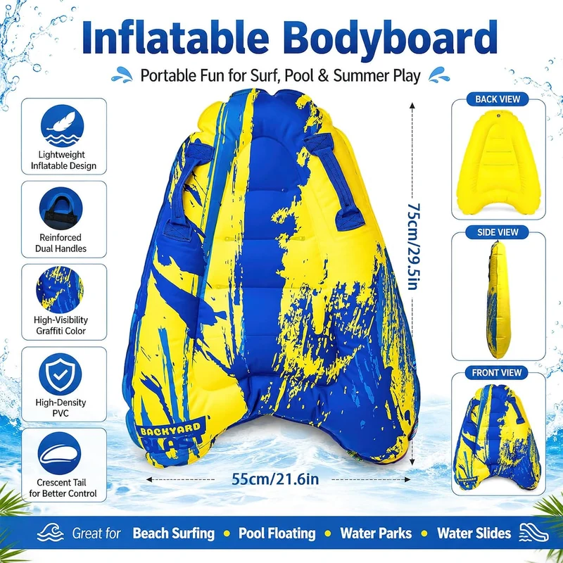 Luftmatratze Wasser für Kinder & Erwachsene, FainFun Surfbrett Aufblasbar, Bodyboard mit Griffen, Wa