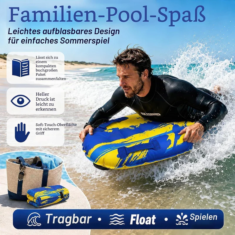 Luftmatratze Wasser für Kinder & Erwachsene, FainFun Surfbrett Aufblasbar, Bodyboard mit Griffen, Wa