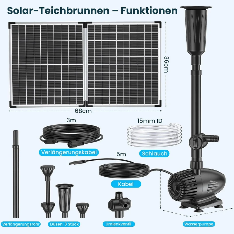 Biling 50W Solarbrunnen für Draussen mit 3 Düsen, 2100L/H Solar Springbrunnen für Aussen Grosse Gart