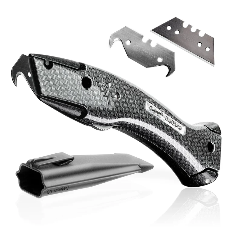 Delphin®-03 Teppichmesser, Design Edition, Feststehende Klinge, Profi Cuttermesser, Alu, Klingen und