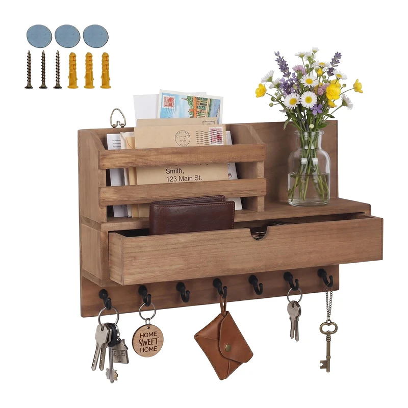 Relaxdays Schlüsselbrett, Schublade & Ablage, Schlüsselorganizer Wand, 7 Haken für Flur, HBT: 22x34x