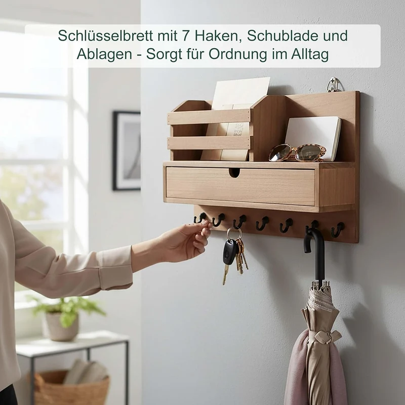 Relaxdays Schlüsselbrett, Schublade & Ablage, Schlüsselorganizer Wand, 7 Haken für Flur, HBT: 22x34x