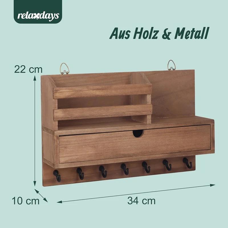 Relaxdays Schlüsselbrett, Schublade & Ablage, Schlüsselorganizer Wand, 7 Haken für Flur, HBT: 22x34x