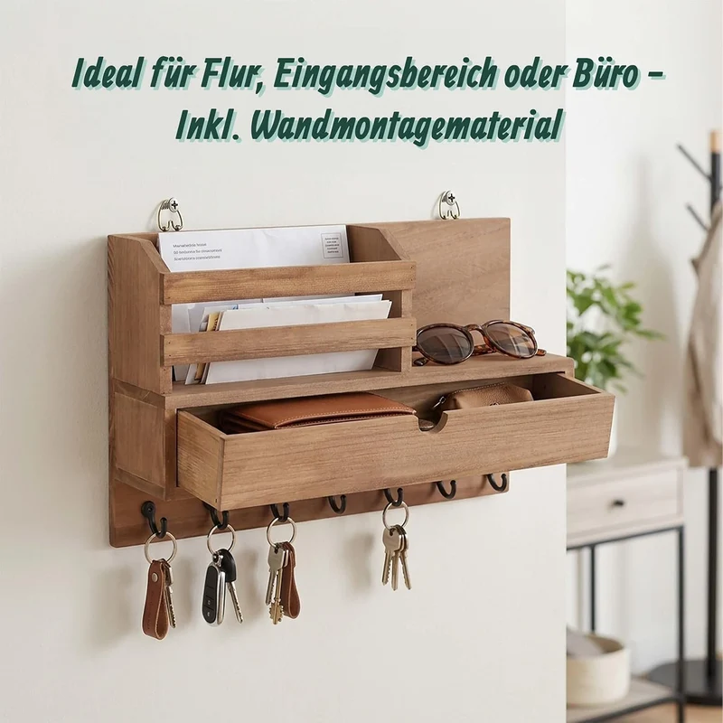 Relaxdays Schlüsselbrett, Schublade & Ablage, Schlüsselorganizer Wand, 7 Haken für Flur, HBT: 22x34x