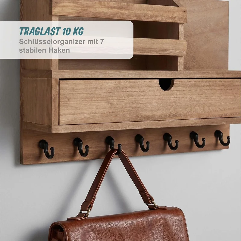 Relaxdays Schlüsselbrett, Schublade & Ablage, Schlüsselorganizer Wand, 7 Haken für Flur, HBT: 22x34x