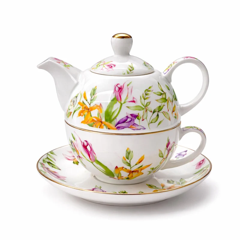 Porcelain Tea for One Set Beautiful Flower Ceramic Teapot with Cup Gifted Box (Tulip), Tulip