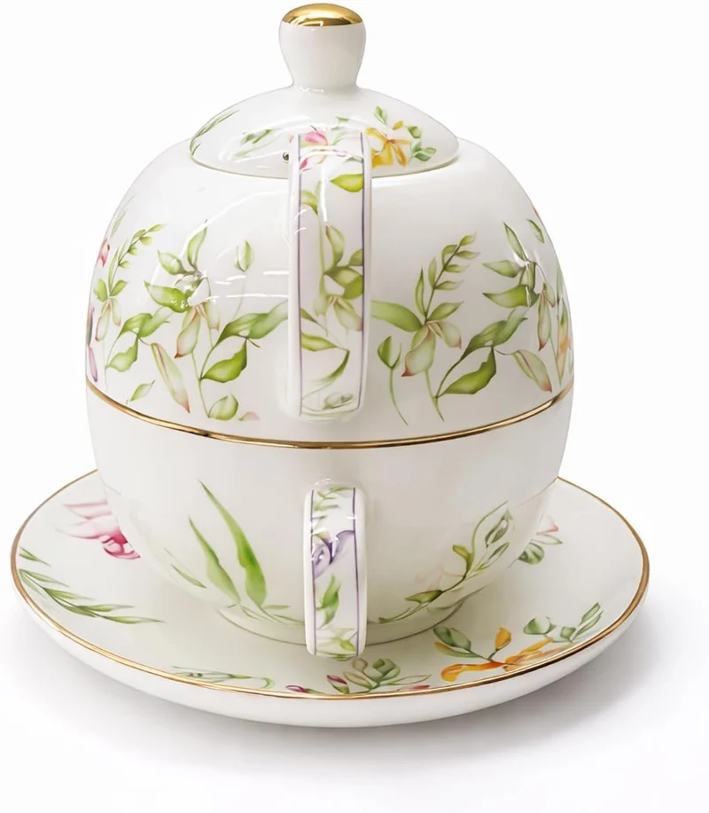 Porcelain Tea for One Set Beautiful Flower Ceramic Teapot with Cup Gifted Box (Tulip), Tulip