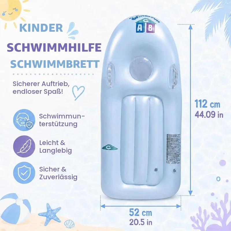 dellyy Aufblasbares Bodyboard für Kinder mit Griffen Blau, Blau