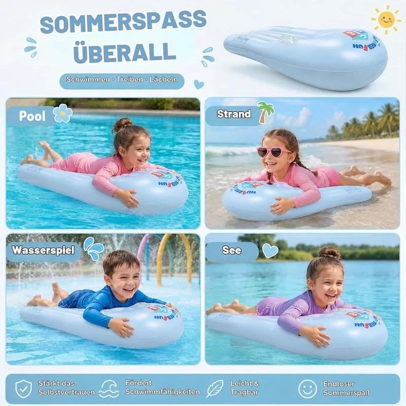 dellyy Aufblasbares Bodyboard für Kinder mit Griffen Blau, Blau