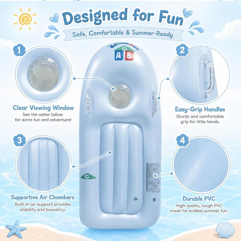 dellyy Aufblasbares Bodyboard für Kinder mit Griffen Blau, Blau