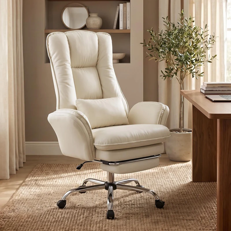 Hawthyhome Ergonomischer Bürostuhl 135° Kunstleder mit Fussstütze,Beige, Beige
