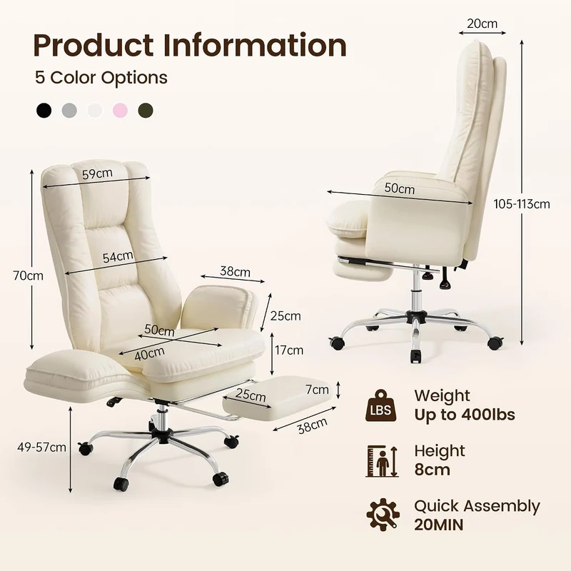 Hawthyhome Ergonomischer Bürostuhl 135° Kunstleder mit Fussstütze,Beige, Beige