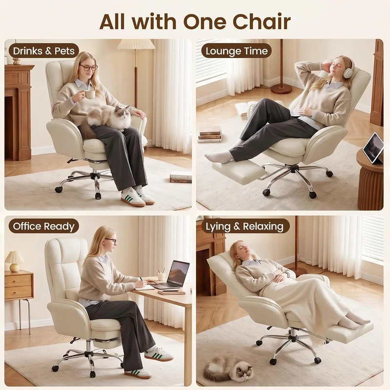 Hawthyhome Ergonomischer Bürostuhl 135° Kunstleder mit Fussstütze,Beige, Beige