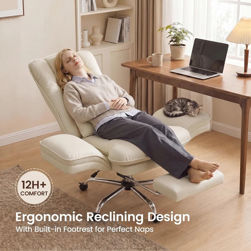 Hawthyhome Ergonomischer Bürostuhl 135° Kunstleder mit Fussstütze,Beige, Beige