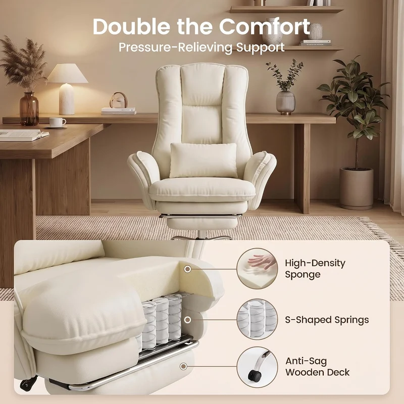 Hawthyhome Ergonomischer Bürostuhl 135° Kunstleder mit Fussstütze,Beige, Beige