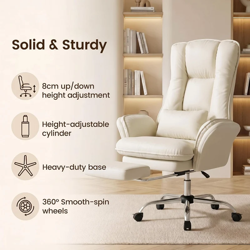 Hawthyhome Ergonomischer Bürostuhl 135° Kunstleder mit Fussstütze,Beige, Beige