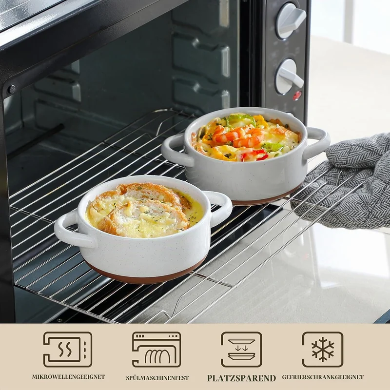 MALACASA Mini Cocotte Set 440 ml, 4 Stück Auflaufform Klein aus Steingut mit Deckel und Griffen, für