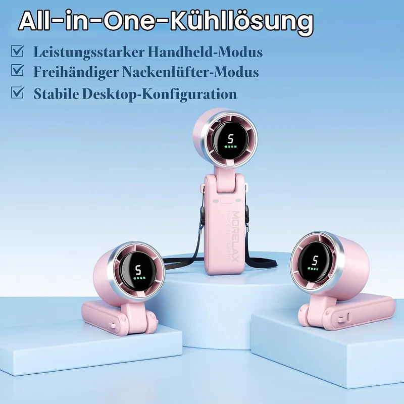 Morelax Tragbarer Turbo Handventilator, 5-stufiger, LED-Display, 4000mAh Akku USB Aufladbar, 3-in-1