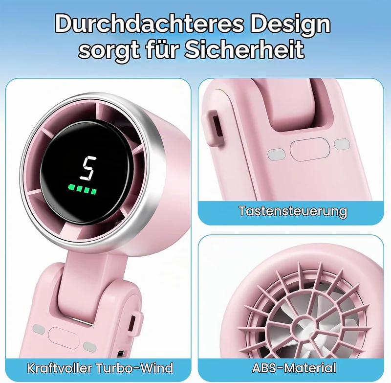 Morelax Tragbarer Turbo Handventilator, 5-stufiger, LED-Display, 4000mAh Akku USB Aufladbar, 3-in-1