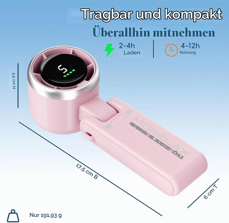 Morelax Tragbarer Turbo Handventilator, 5-stufiger, LED-Display, 4000mAh Akku USB Aufladbar, 3-in-1