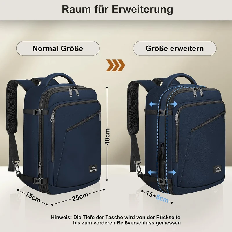 MATEIN Rucksack Handgepäck Flugzeug, Ryanair Rucksack 40x20x25, 20L Klein Damen Erweiterbar Daypack,
