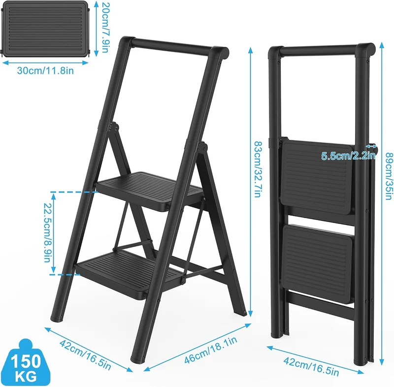 XMTECH Trittleiter 2 Stufen, Handlauf, klappbar, Schwarz, 150 kg, Haushalt 2 Stufen mit Handlauf, 2