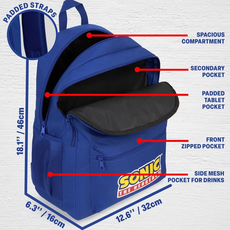 Get Trend Sonic The Hedgehog Schulrucksack Jungen, 46cm, Verstellbarer Reisetasche, Gepolsterte Gros