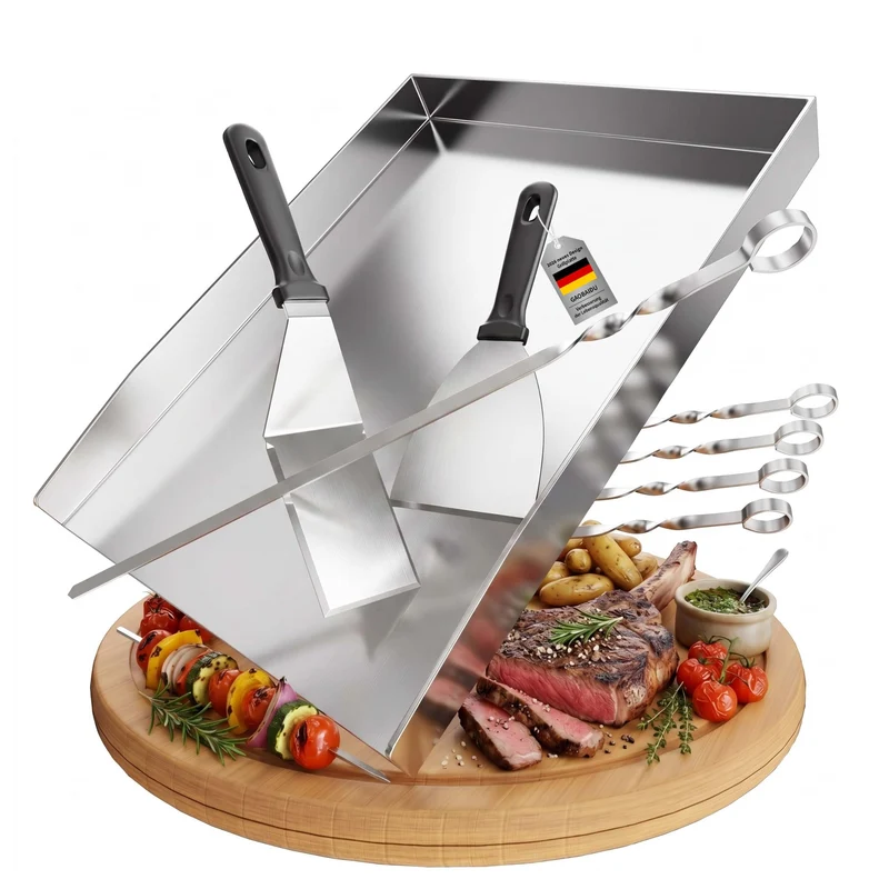 Edelstahl-Grillplatte – Dick & Rostfrei, inkl. 2 Grillspachteln & 5 Spiessen – Für die meisten Gas-