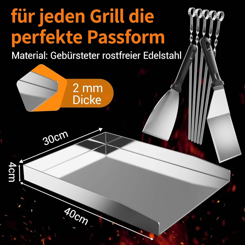 Edelstahl-Grillplatte – Dick & Rostfrei, inkl. 2 Grillspachteln & 5 Spiessen – Für die meisten Gas-