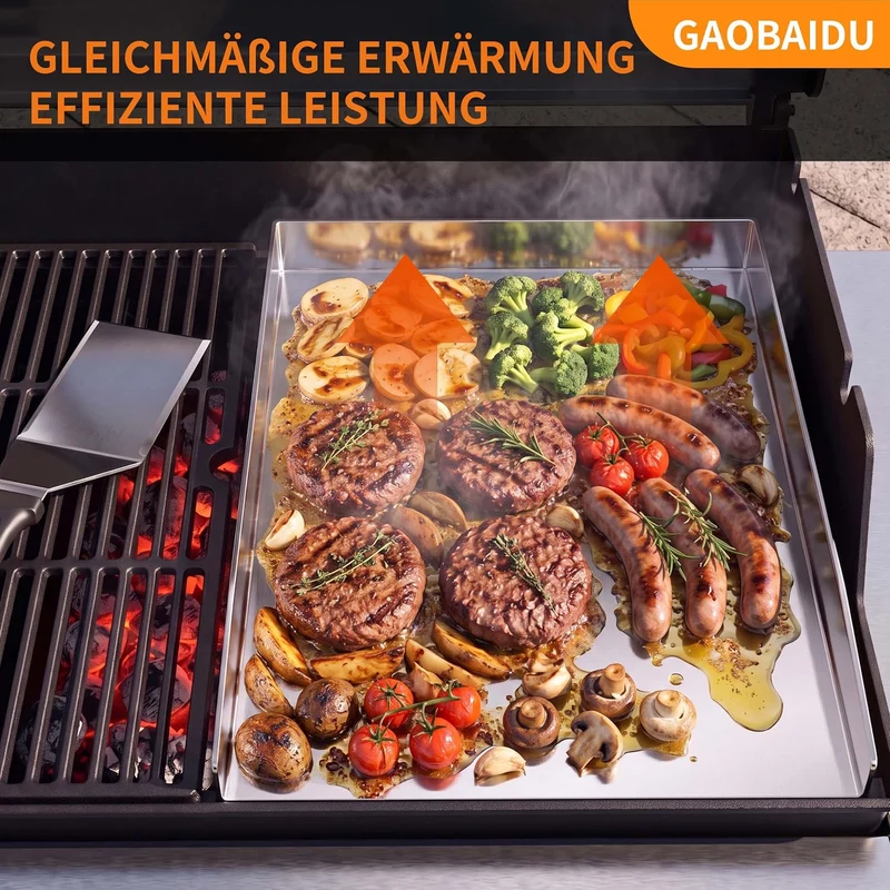 Edelstahl-Grillplatte – Dick & Rostfrei, inkl. 2 Grillspachteln & 5 Spiessen – Für die meisten Gas-