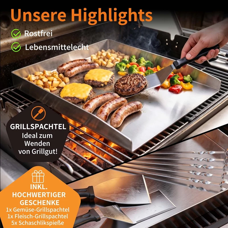 Edelstahl-Grillplatte – Dick & Rostfrei, inkl. 2 Grillspachteln & 5 Spiessen – Für die meisten Gas-