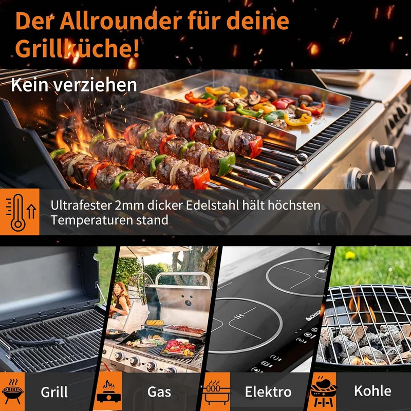 Edelstahl-Grillplatte – Dick & Rostfrei, inkl. 2 Grillspachteln & 5 Spiessen – Für die meisten Gas-