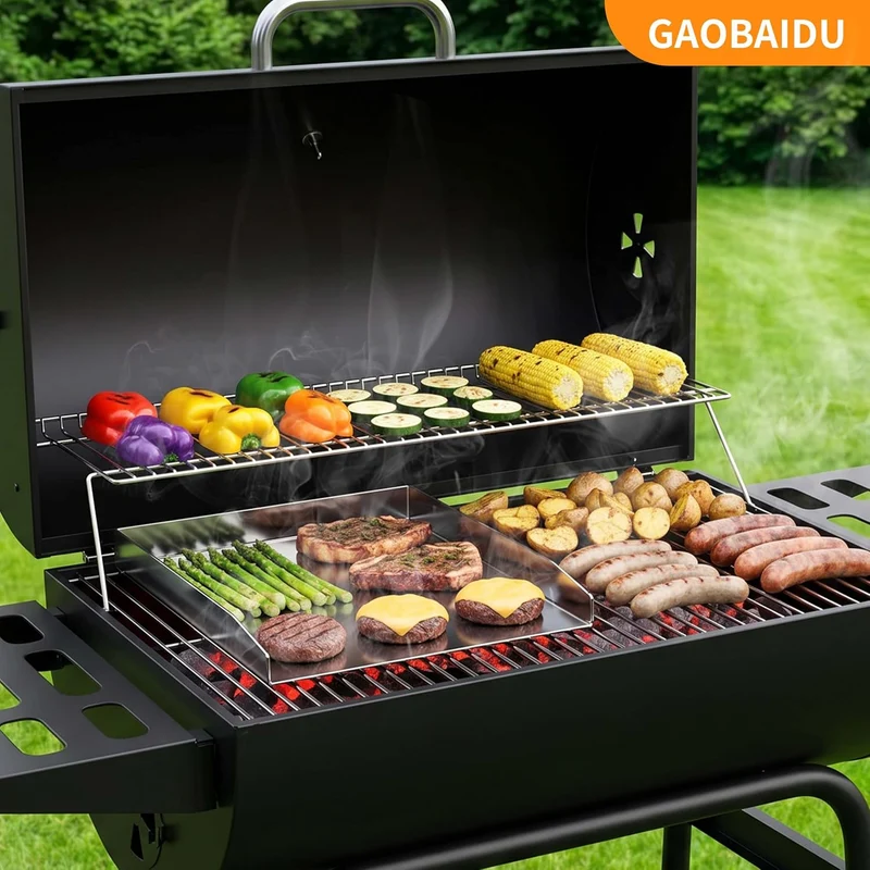 Edelstahl-Grillplatte – Dick & Rostfrei, inkl. 2 Grillspachteln & 5 Spiessen – Für die meisten Gas-