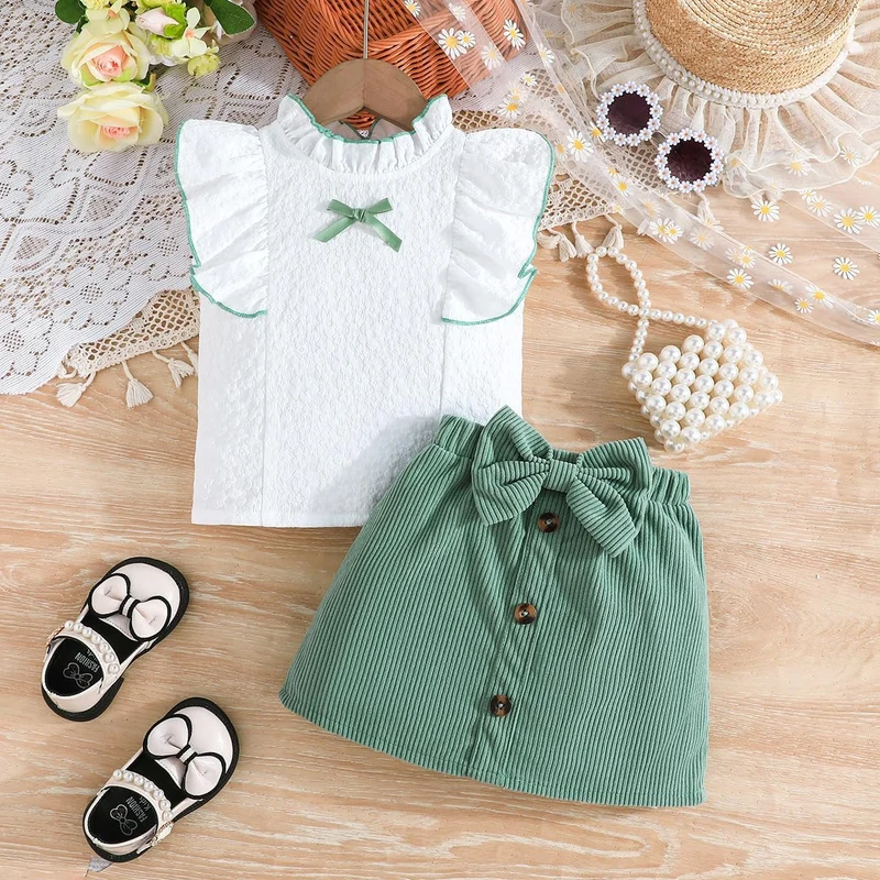 Kleinkind Baby Mädchen Outfits Rüschen Ärmellose Hemden Tops + Elegant Schleife Mini Rock 2 Stück Fr
