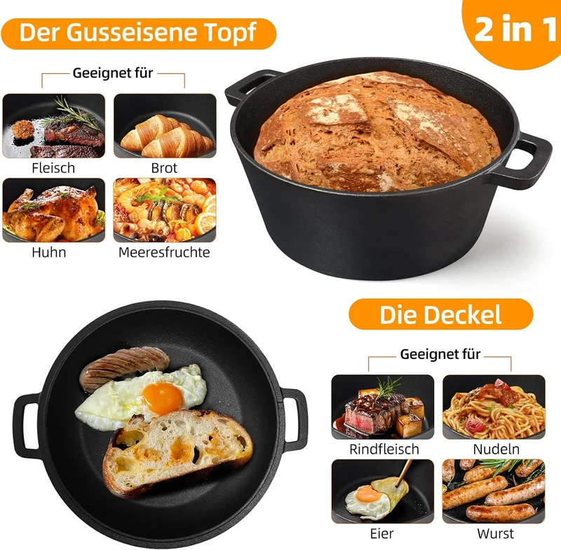 Gusseisener Topf 4,5 Liter All-in-One Deckel als Pfanne, ideal für Brotbacken, Eintopf & Schmortopf