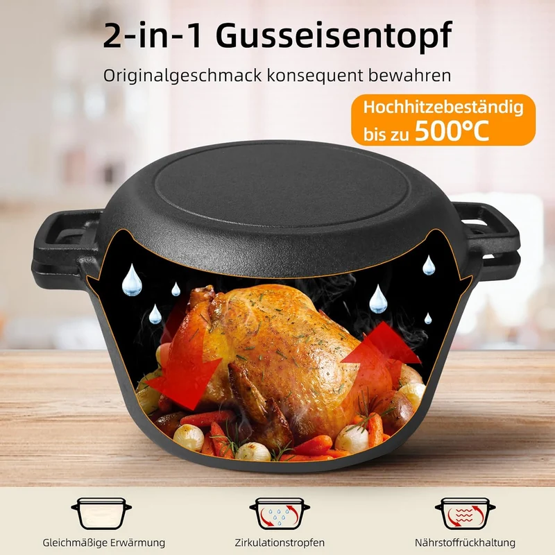 Gusseisener Topf 4,5 Liter All-in-One Deckel als Pfanne, ideal für Brotbacken, Eintopf & Schmortopf