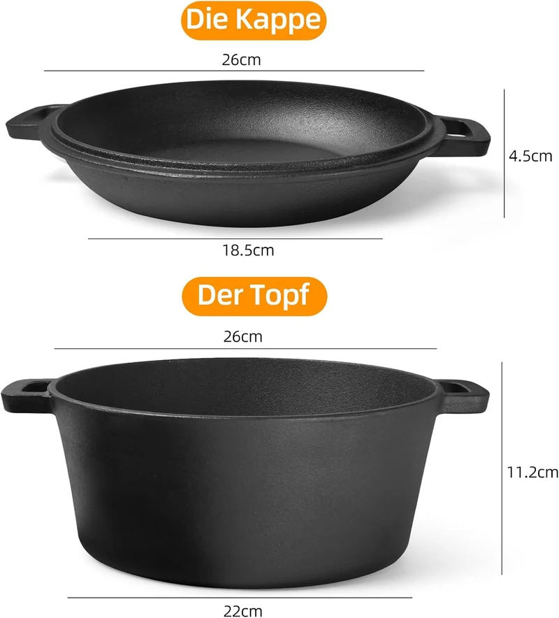 Gusseisener Topf 4,5 Liter All-in-One Deckel als Pfanne, ideal für Brotbacken, Eintopf & Schmortopf
