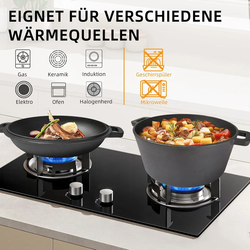 Gusseisener Topf 4,5 Liter All-in-One Deckel als Pfanne, ideal für Brotbacken, Eintopf & Schmortopf