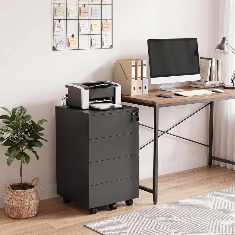 Rollcontainer Abschliessbar mit 4 Shubladen, Büroschrank Schwarz mit Rollen Schwarz 39×45×69 cm 4, S