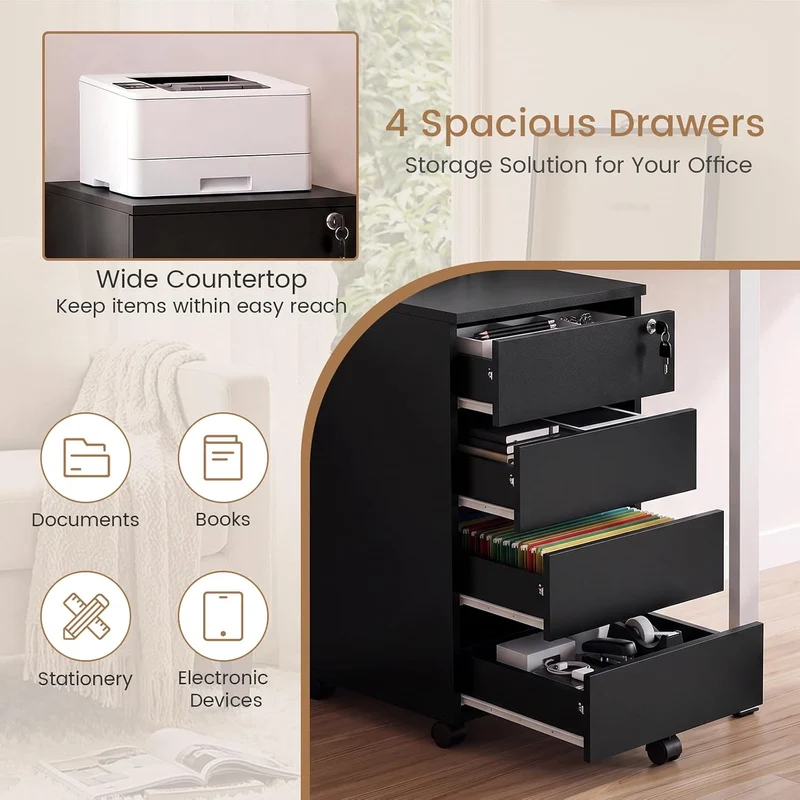Rollcontainer Abschliessbar mit 4 Shubladen, Büroschrank Schwarz mit Rollen Schwarz 39×45×69 cm 4, S