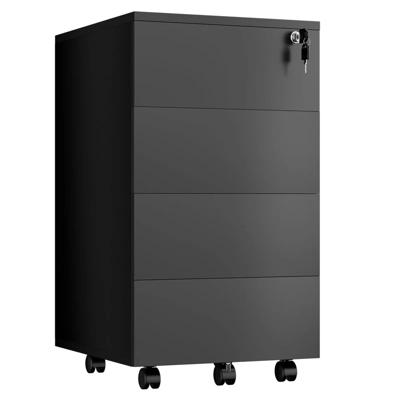 Aktenschrank Abschliessbar mit 4 Shubladen, Büroschrank Schwarz mit Rollen Schwarz 39×45×69 cm 4, Sc