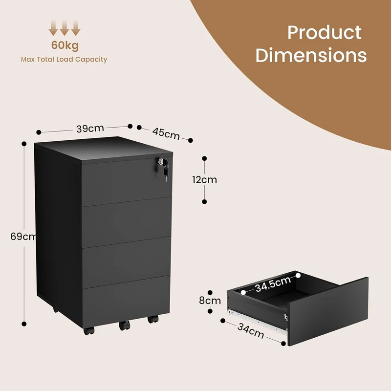Aktenschrank Abschliessbar mit 4 Shubladen, Büroschrank Schwarz mit Rollen Schwarz 39×45×69 cm 4, Sc