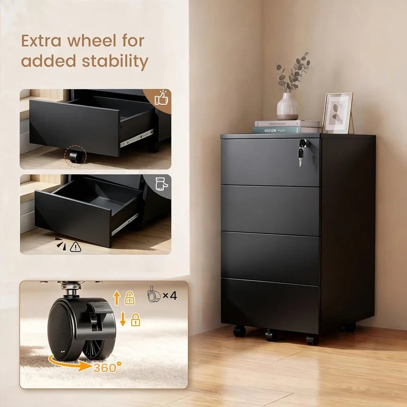Aktenschrank Abschliessbar mit 4 Shubladen, Büroschrank Schwarz mit Rollen Schwarz 39×45×69 cm 4, Sc