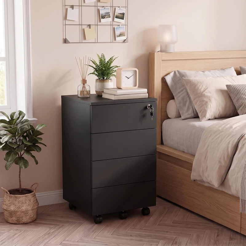 Aktenschrank Abschliessbar mit 4 Shubladen, Büroschrank Schwarz mit Rollen Schwarz 39×45×69 cm 4, Sc