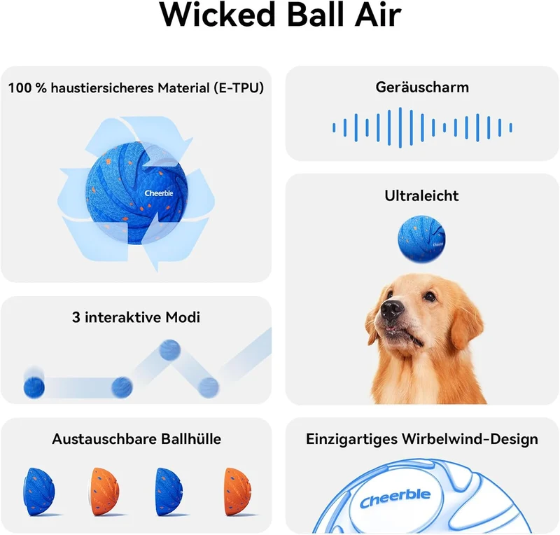 Cheerble Wicked Ball AIR - Interaktiver Hundeball mit 3 Spielmodi, Blau, Blau
