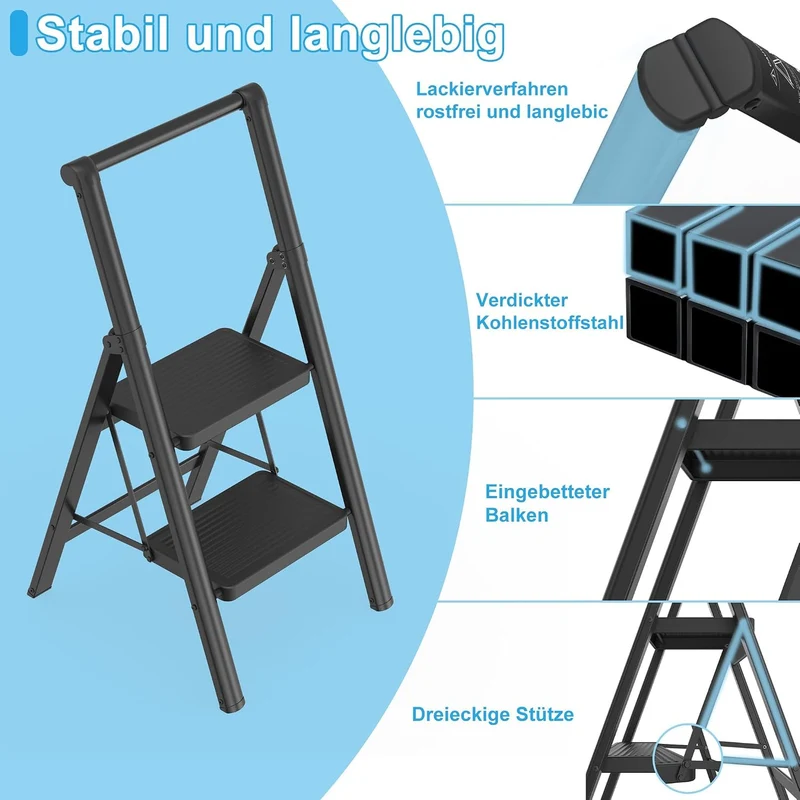 LARS360 2 Stufen Leiter Klappbar mit Handlauf, rutschfeste Haushaltsleiter, Klapptrittleiter für Hau