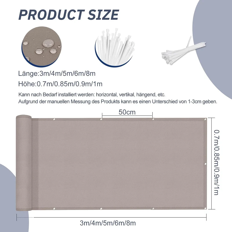HENG FENG Balkon Sichtschutz 100x300cm Wetterfest, Taupe 1x3m Taupe, 1x3m Taupe