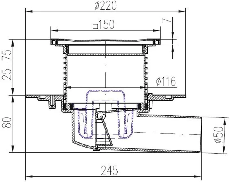 VONLIS DN50 Badablauf Duschablauf Balkonablauf Terrassenablauf Siphon Innen Aussen Edelstahl Eckig E