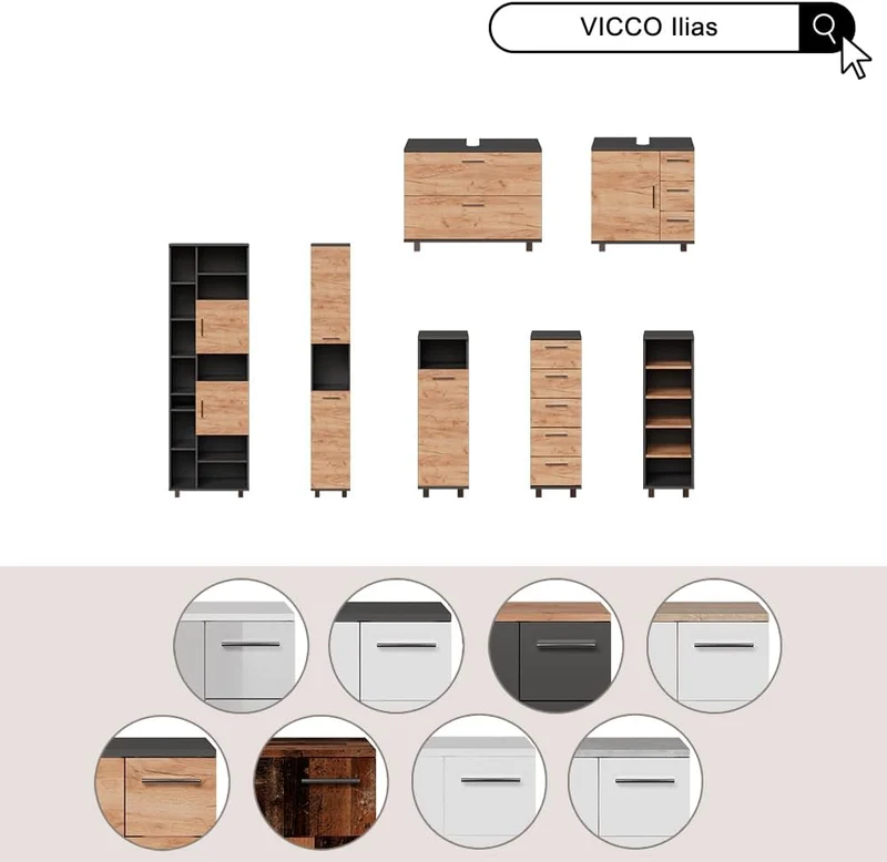 Vicco Badschrank Ilias, Weiss Hochglanz, 30 x 95 cm, Weiss Hochglanz